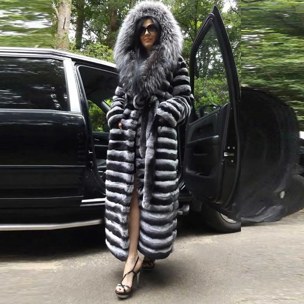 130cm coat length Натуральный мех, натуральный мех, пальто для женщин, Длинные теплые куртки с капюшоном, природа, шиншилла кролик рекс, меховые пальто, зима - Цвет: 130cm coat length