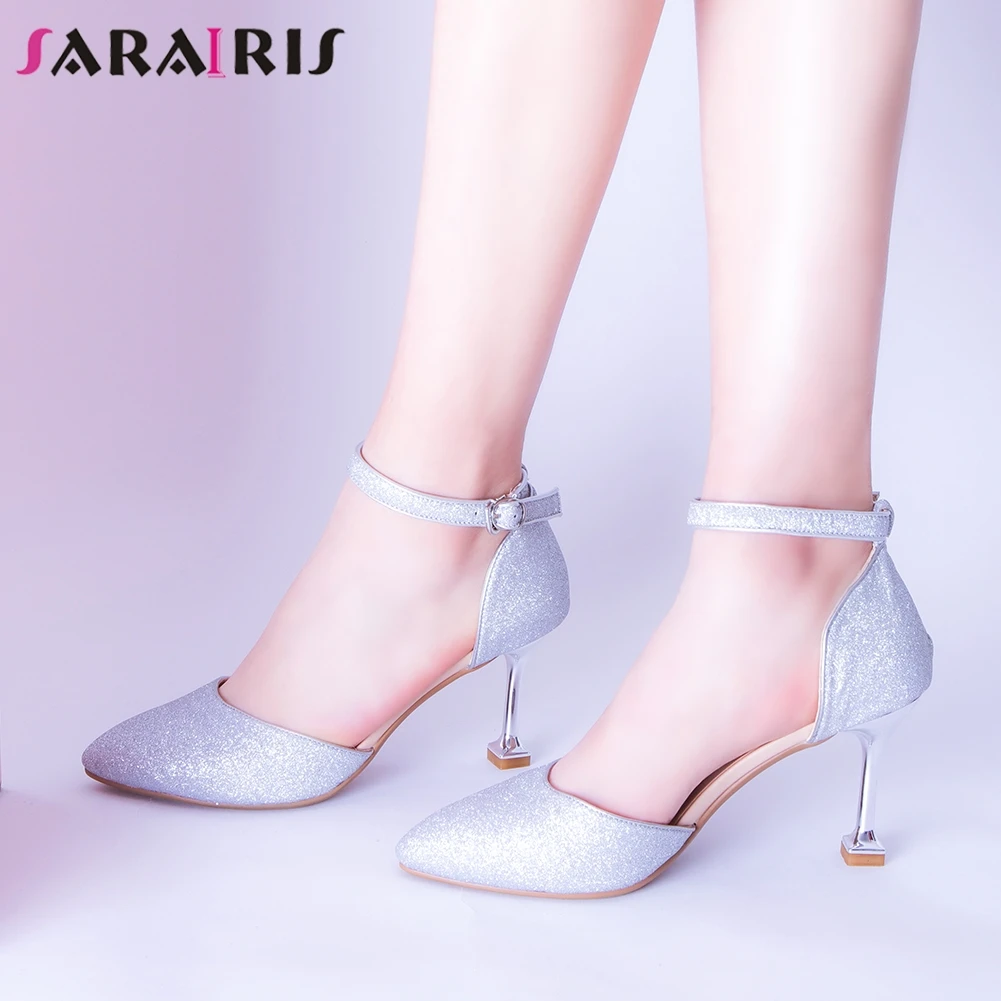 

SARAIRIS Brand Fashion Female Pointed Toe Bling Proom Wedding Ankle Strap Sandals Elegant High Heel Sandals Women Shoes Woman