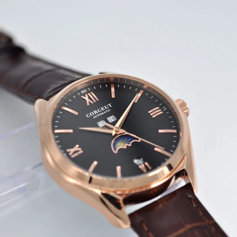Corgeut 41 мм Moon Phase черный циферблат новые мужские часы автоматические механические наручные часы водонепроницаемые 316SS rosegold pvd чехол