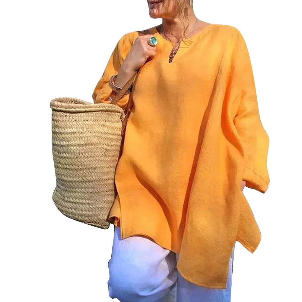 Beach Autumn Linen Women Blouse Plus Size Casual Baggy Irregular Solid Long Sleeve Tops Summer V Neck Holiday Loose |
