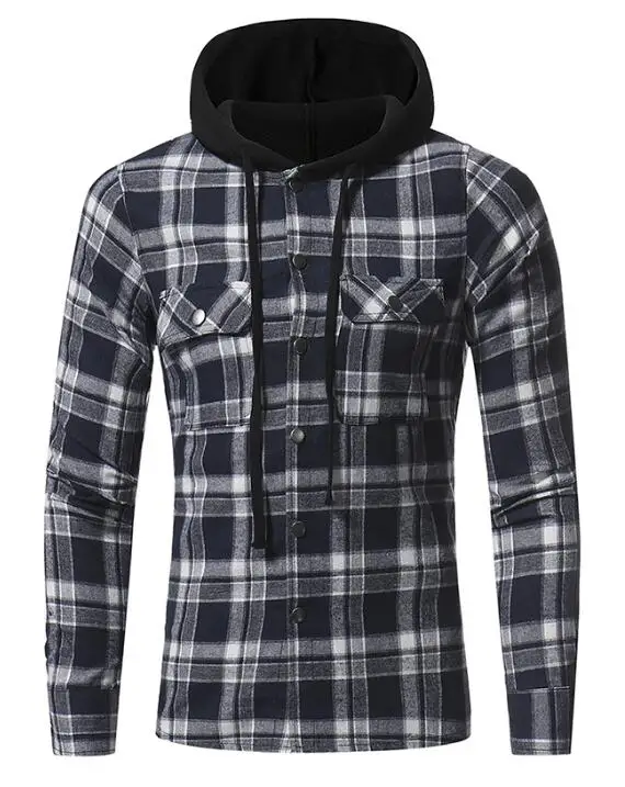 Navy Plaid Shirt Мужские клетчатые рубашки, новая мода, Корейская дикая Фланелевая рубашка с длинным рукавом и капюшоном, Повседневная приталенная мужская одежда размера плюс, хлопок - Цвет: Navy Plaid Shirt