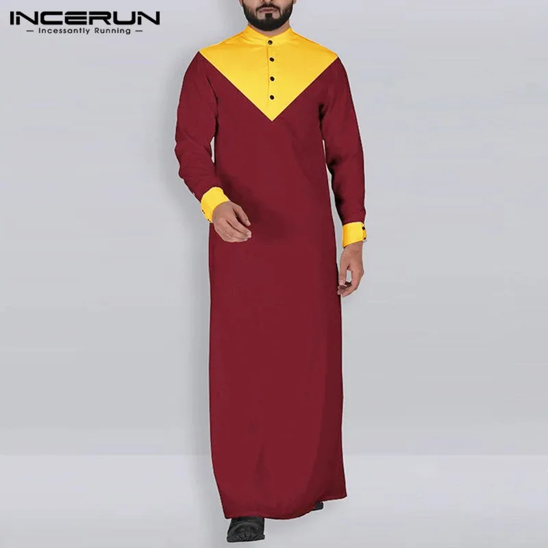 INCERUN, винтажный мужской халат, исламский мусульманский кафтан, стоячий воротник, juba thebe, Ретро стиль, длинный рукав, цвет-блок, Мужская индийская одежда, S-5XL