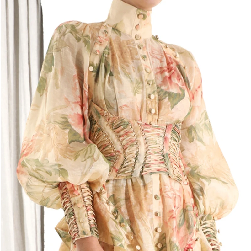 TWOTWINSTYLE Print Vintage Women's Dress Stand Collar Lantern Sleeve High Waist Belt Ruffles Irregular Midi Dresses Female 2019 (6).jpg