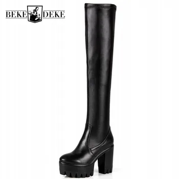 

Stretch High Heel Fleece Liner Womens Over the Knee Boots Genuine Leather Round Toe Thick Bottom Platform Female New Long Boots