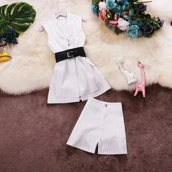 

HISUMA summer new women OL turn-down collar striped vest blouse high waist wide leg shorts suits female two piece sets with belt