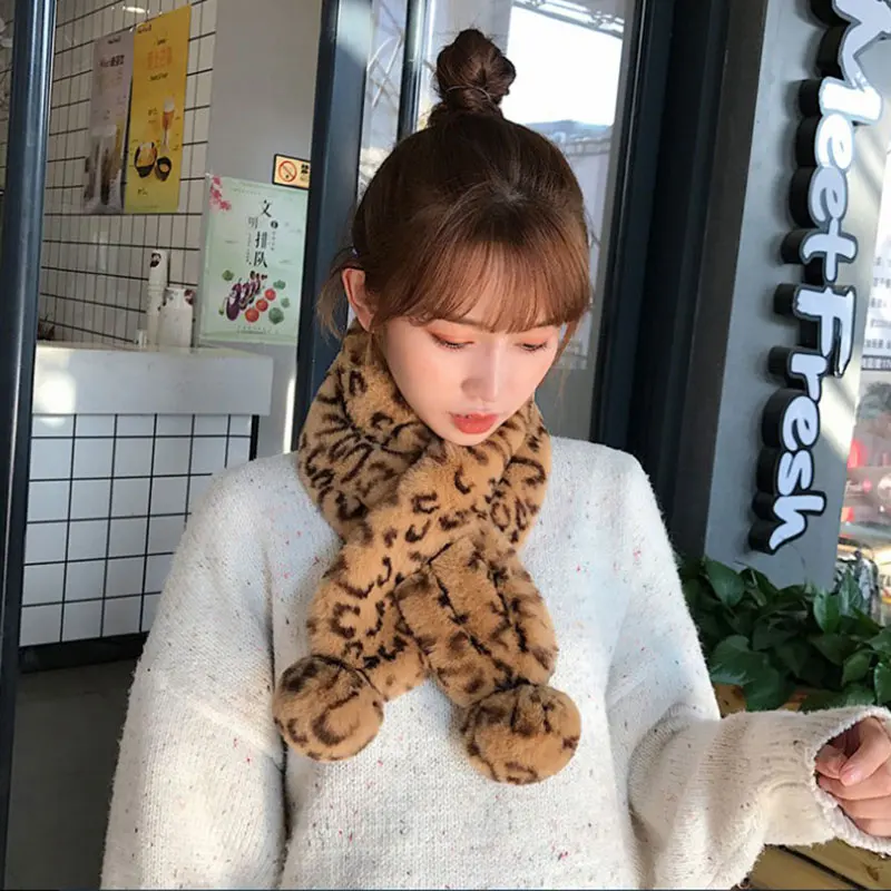 

Hot Sale Winter Fur Scarf Women Leopard Print Warm Faux Fur Collar Femme Thick Soft Neckerchief Cross Scarves 2020 New