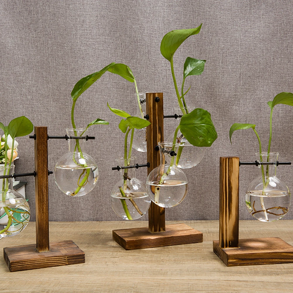 クリエイティブ水耕植物花瓶ヴィンテージフラワーポット透明花瓶木製フレームガラス卓上植物ホーム盆栽インテリア Pot Trays Aliexpress