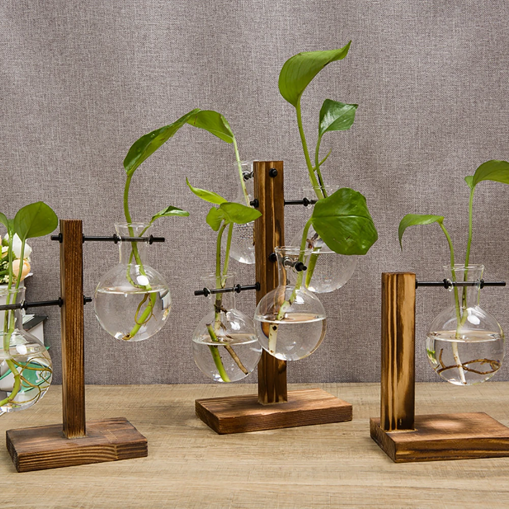 Glass Wood Vase Planter Terrarium Table Desktop Hydroponics Plant Bonsai  Flower Pot Hanging Pots with Wooden Tray