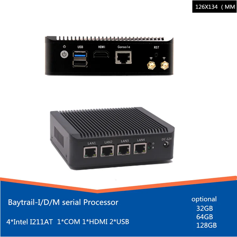 Четырехъядерный ATOM E3845 VPN сервер Мини ПК безвентиляторный pfsense брандмауэр 4 Lan порт