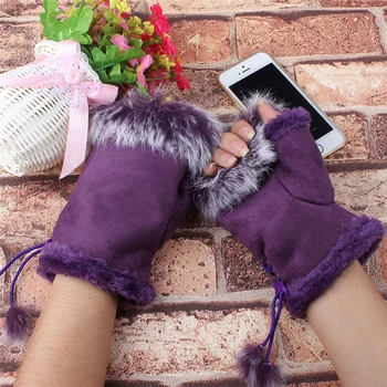 

Winter Gloves Female Fingerless Gloves Without Fingers Pompom Faux Fur Wrist Mittens Knit Patchwork Guantes Plush Handschoenen