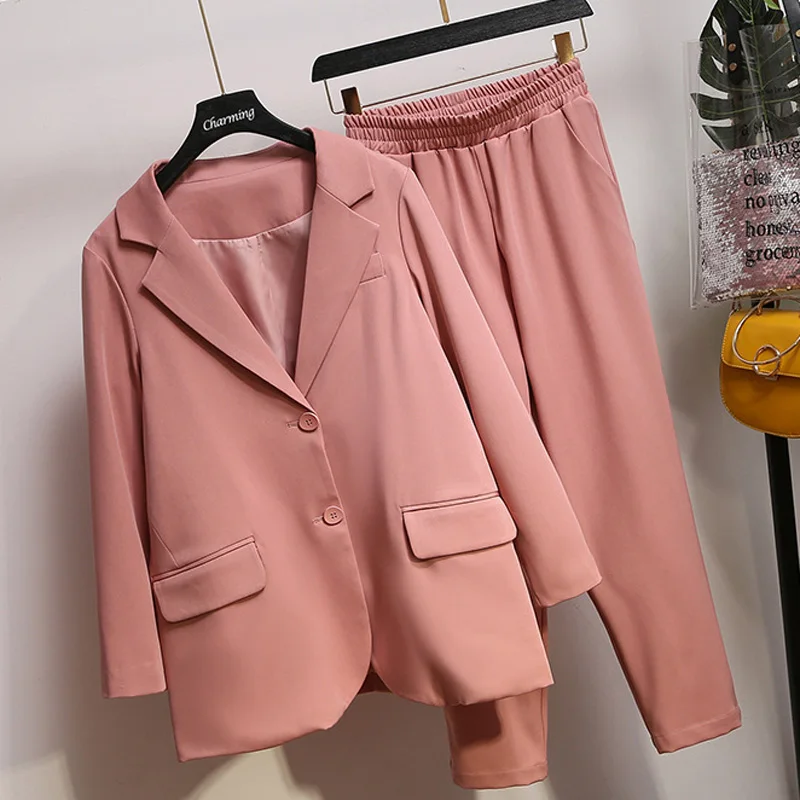 Весна, винтажный двубортный женский брючный костюм, зубчатый Блейзер, пиджак и брюки с высокой талией, офисная одежда размера плюс, женский костюм - Цвет: pink