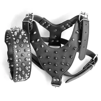 

Studded Spiked Leather Dog Collar Harness Leash Set for Pitbull Mastiff Pet Collar HUG-Deals