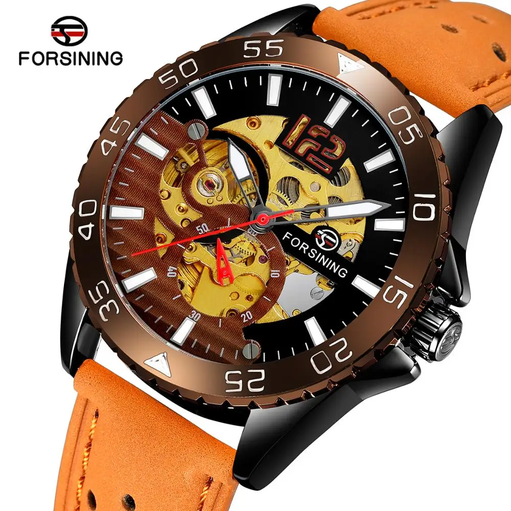 

Forsining Brand Mens Watch Automatic Sports Casual Brown Genuine Leather Strap Skeleton Luminous Hands Mechanical Wrist Watches