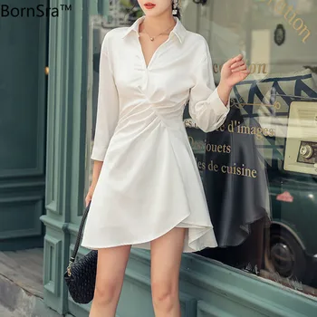 

BornSra New 2020 Women Summer Shirt Dresses Casual High Waist Three Quarter Irregular Pleated Zipper Lady White Dress