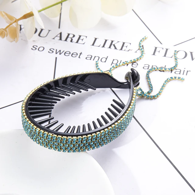 FORWOT Women Elegant Luxury Rhinestone Tassel Ponytail Hair Claws Hair Clips Barrettes Hairpin Headband Fashion Hair Accessories Blue-green