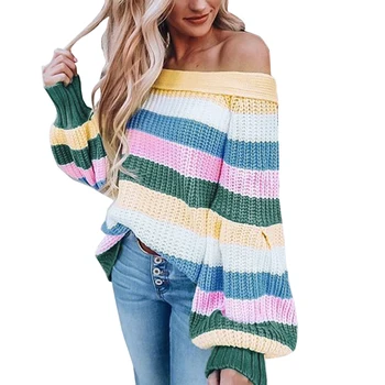 

Slash Neck Sweater Off Shoulder Striped Pullover Lantern Sleeve Knit Sweater Thick Loose Jumper Sexy Women Sweater Fashion Tunic