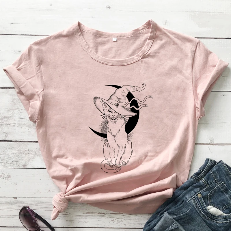 Celestial Moon Cat Witch T-shirt Aesthetic Women Wiccan Gothic Tshirt Vintage Halloween Graphic Tee Shirt Top mens graphic tees