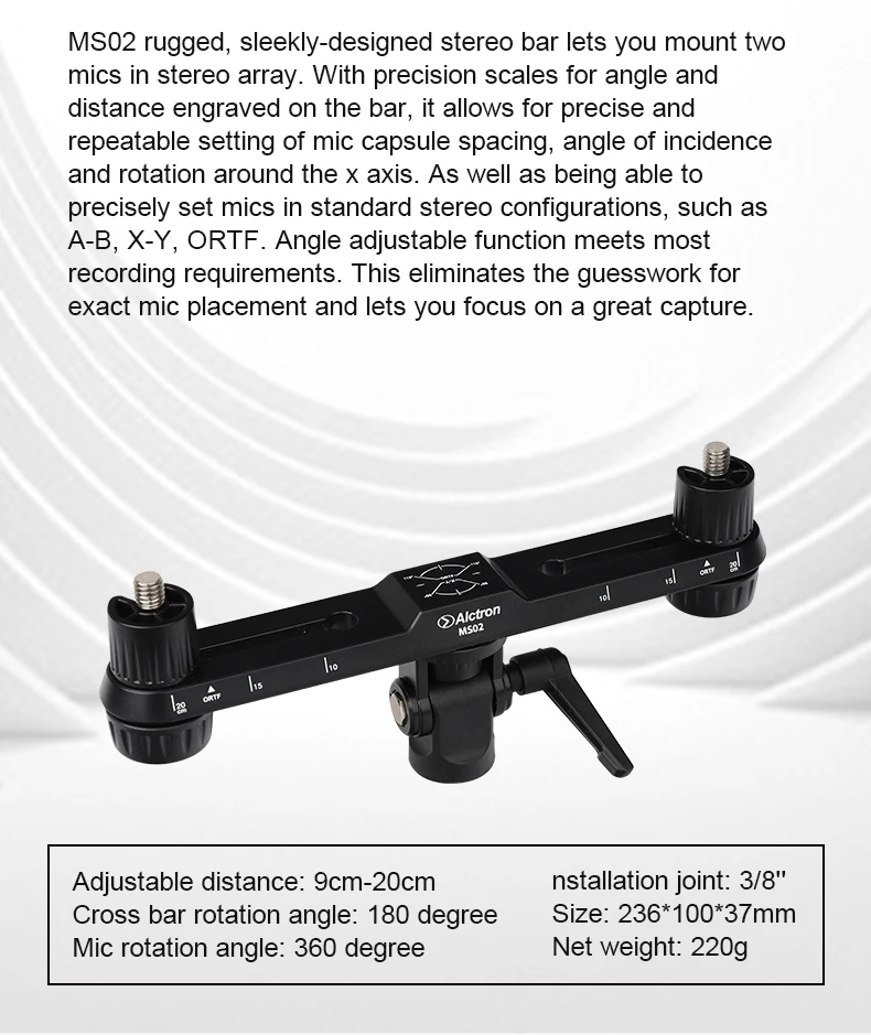 Alctron MS02 professional stereo recording bar multiple recording way visually adjustable with scale 180°adjustable