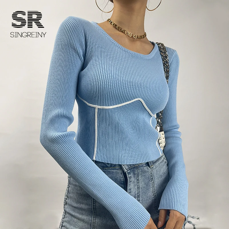 SINGREINY 2021 Women Knitted Sweater Long Sleeves O Neck Solid Elastic Slim Knit Basic Tops Autumn Casual Female Pullovers christmas sweatshirt