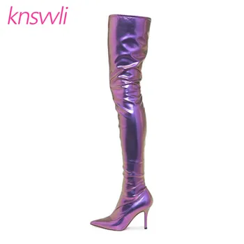 

High Heels 12 cm Over The Knee Boots Woman Purple Black Stretch Boots Pointed Toe Stiletto Runway Party Thigh High Boots Women