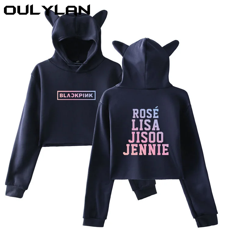 Oulylan/черно-розовые толстовки с капюшоном осенние женские Kawaii повседневные женские короткие пуловеры с длинными рукавами Толстовка для