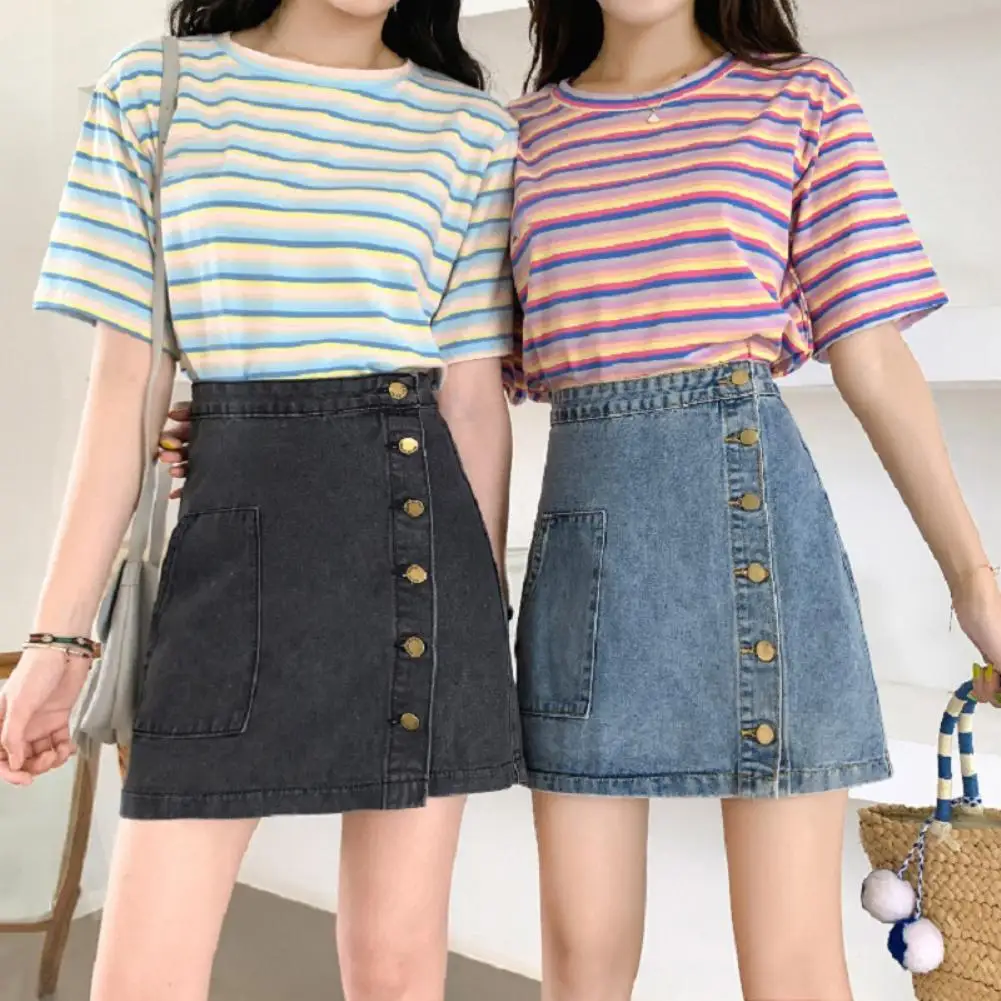 

Fashion Women High Waist Side Button up A Line Pockets Jean Denim Mini Skirt
