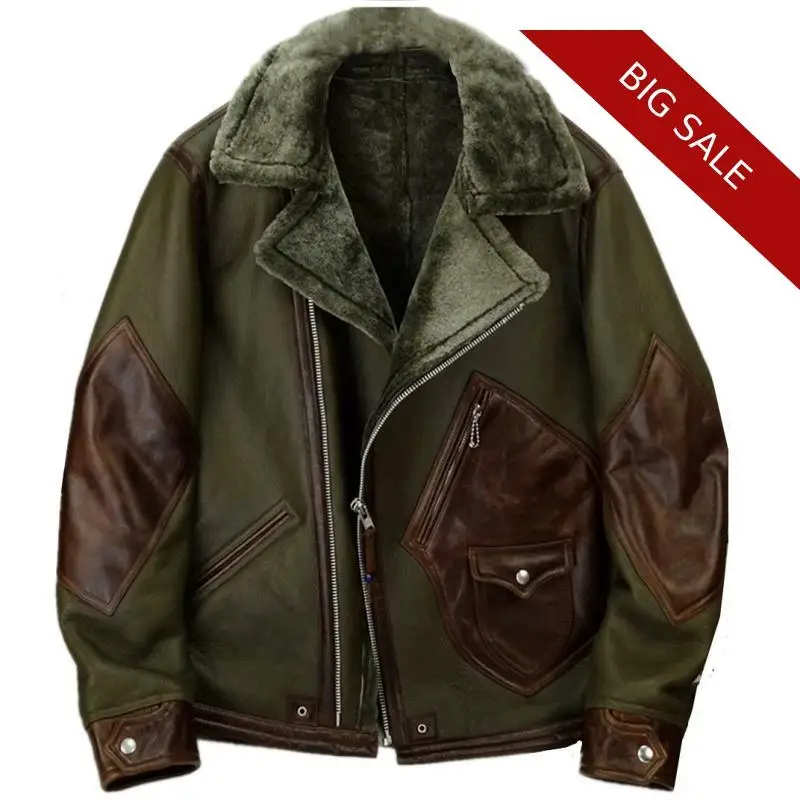 

2020 Green Men Thick Casual Shearling Jacket Plus Size XXXXL Genuine Sheepskin Russian Winter Slim Fit Shearling Coat