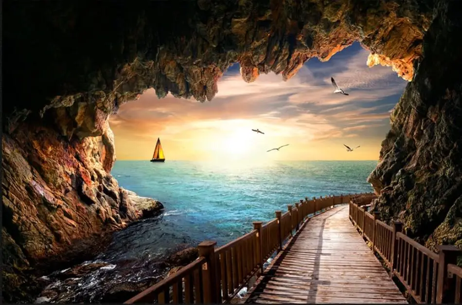 Canvas Wall Mural Sunset Seascape From Cave Long Gallery Photo Wall Paper HD Print 3D Wallpaper for Walls Custom