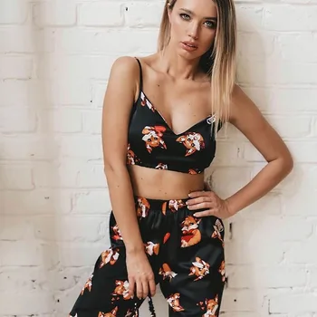 

Ailigou Spaghetti Belt Fox Print Summer Two-Piece Top And Pants Satin Women'S V-Neck Sexy Pajamas Pattern Set