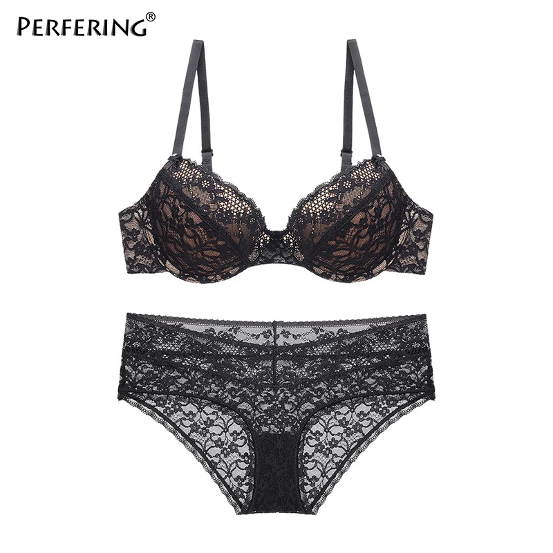 Perfering, сексуальный комплект с бюстгальтером, кружевной, BH, бюстгальтер с глубоким вырезом, женское нижнее белье, пуш-ап, бюстгальтер, женский, Unederwear, серый, черный, бюстгальтер, трусы, наборы