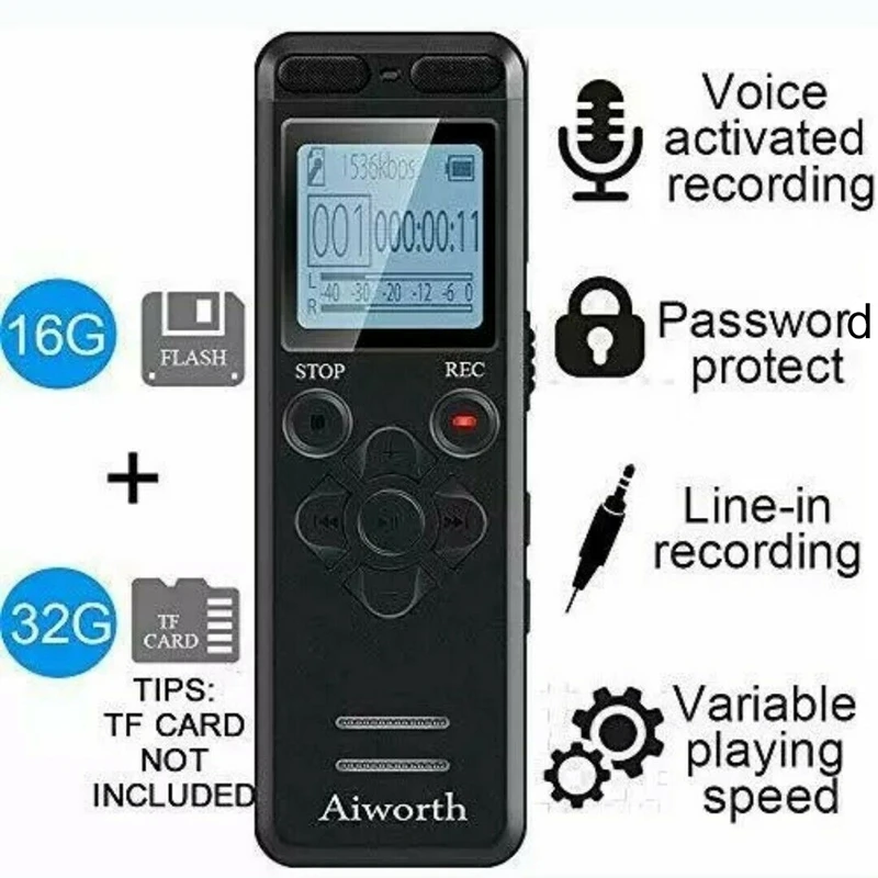 8GB Digital Voice Activated Recorder with Speaker 1536Kbps Noise Reduction Pass Word Mini Microphone MP3 Player for Lecture