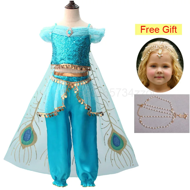 Jasmine Dress 2 Платье принцессы для девочек костюм Жасмин вечерние нарядное платье принцессы Костюмы Комплект Топ и штаны для детей, с рисунком "Аладдин" Волшебная лампа с бесплатным подарком - Цвет: Jasmine Dress 2