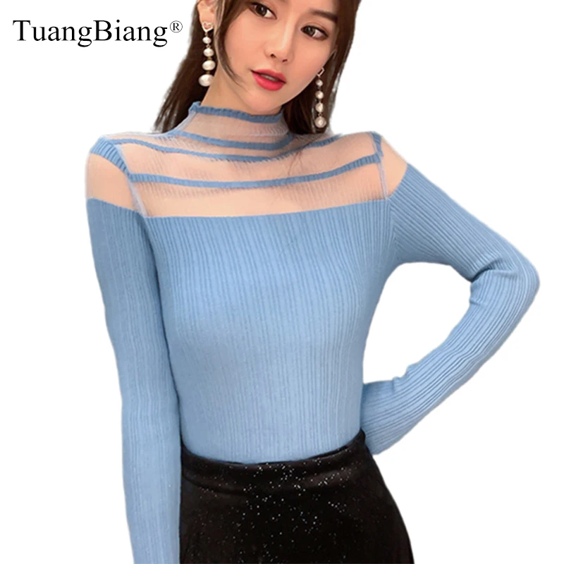 Lady Lace Hollow out Sexy Sweaters Off shoulder Women Long Sleeve Turtleneck Backless Pullovers Patchwork elegant Slim Tops 2021 | Женская