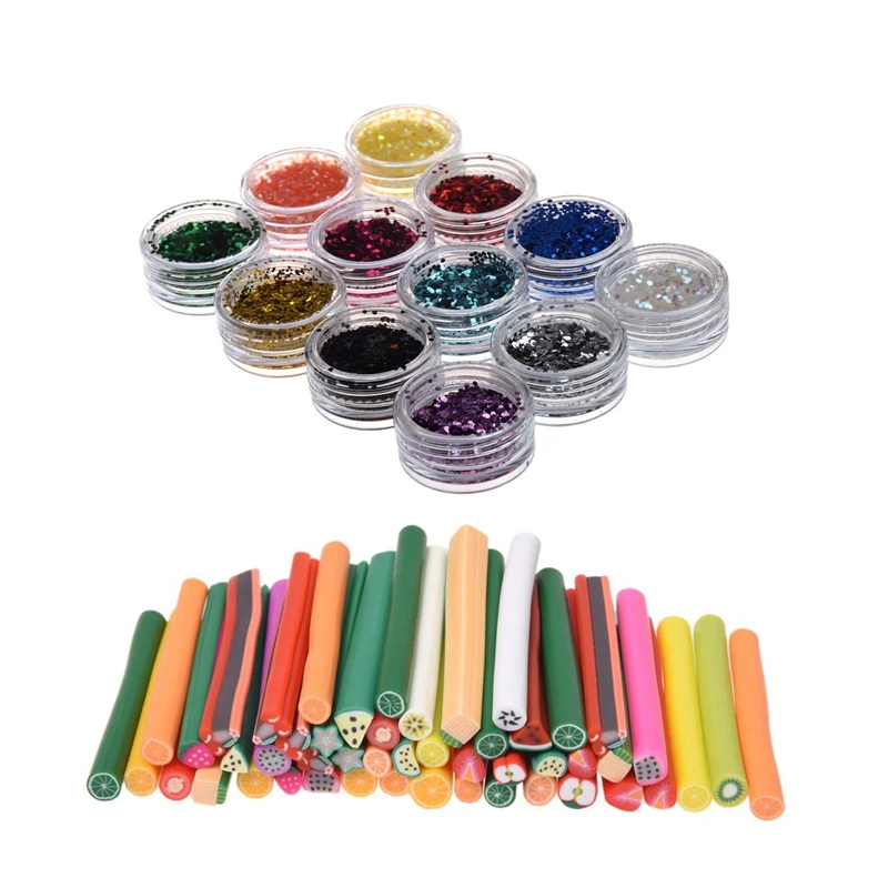 50Pcs Fruit Nail Art Clay Canes Rods Sticks Stickers Tips 3D Decoration& 12 Color Acrylic Uv Gel Nail Art Glitter Sequins Six A