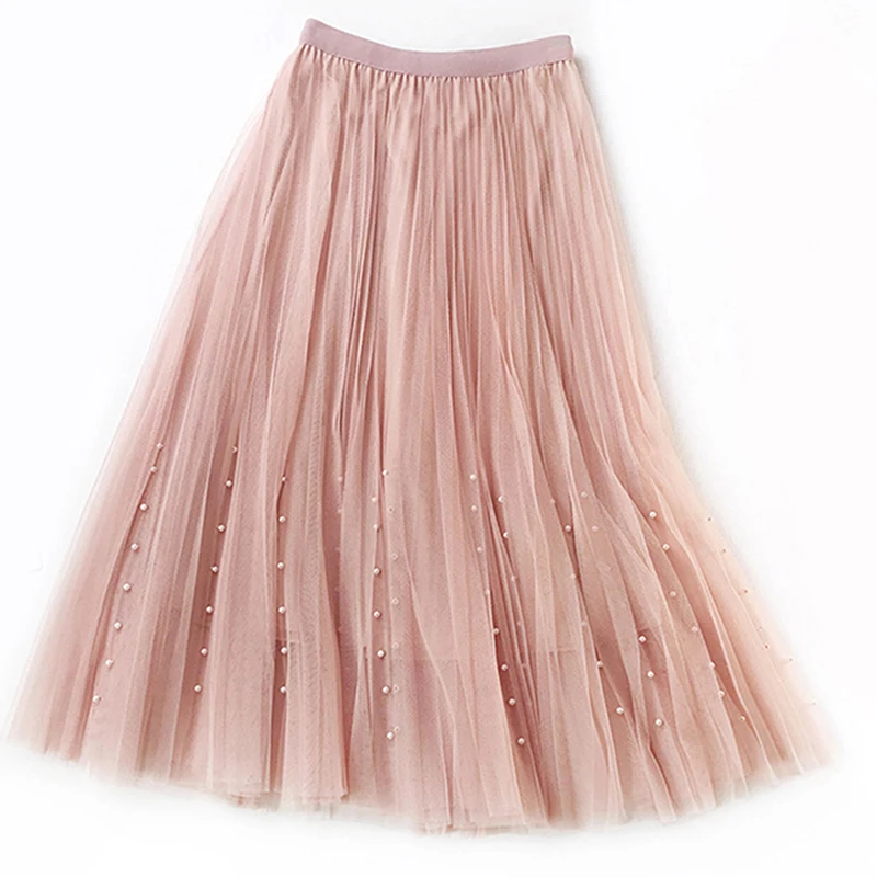 pink Женская Однотонная юбка, элегантные фатиновые юбки для девочек, летняя модная сетчатая бальная юбка, милая Юбка-миди с бусинами - Цвет: pink