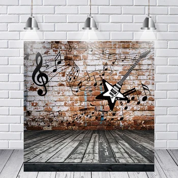 

Musical Notes Guitar Brick Wall Wood Floor Photography Backdrop Birthday Party Backgrounds for Photo Studio Vinyl