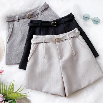 

Spring Summer Women A-line Shorts High Waist Wide Leg Elegant Office Mini Shorts With Sashes Short Femme Chic Ladies Bottom
