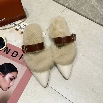 

SWYIVY Furry Slipper Mules Woman Shoes Pointed 2019 Winter Warm Fur Flat Shoes Female Mulers Slippers Half Slipper For Woman