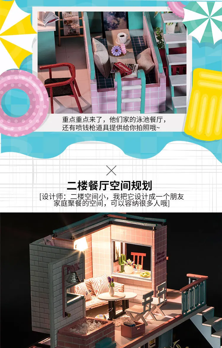 K-034 розовый кафе 3D DIY Кукольный дом вино светодиодный светильник для бассейна миниатюрный кукольный домик набор для детей