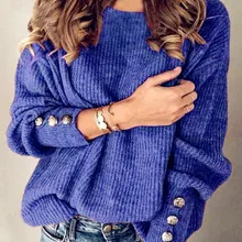 Зимний пуловер, свитер для женщин, вязанные топы на пуговицах, бохо размера плюс, Повседневный пуловер с длинным рукавом, женские одноцветные свитера, пуловеры