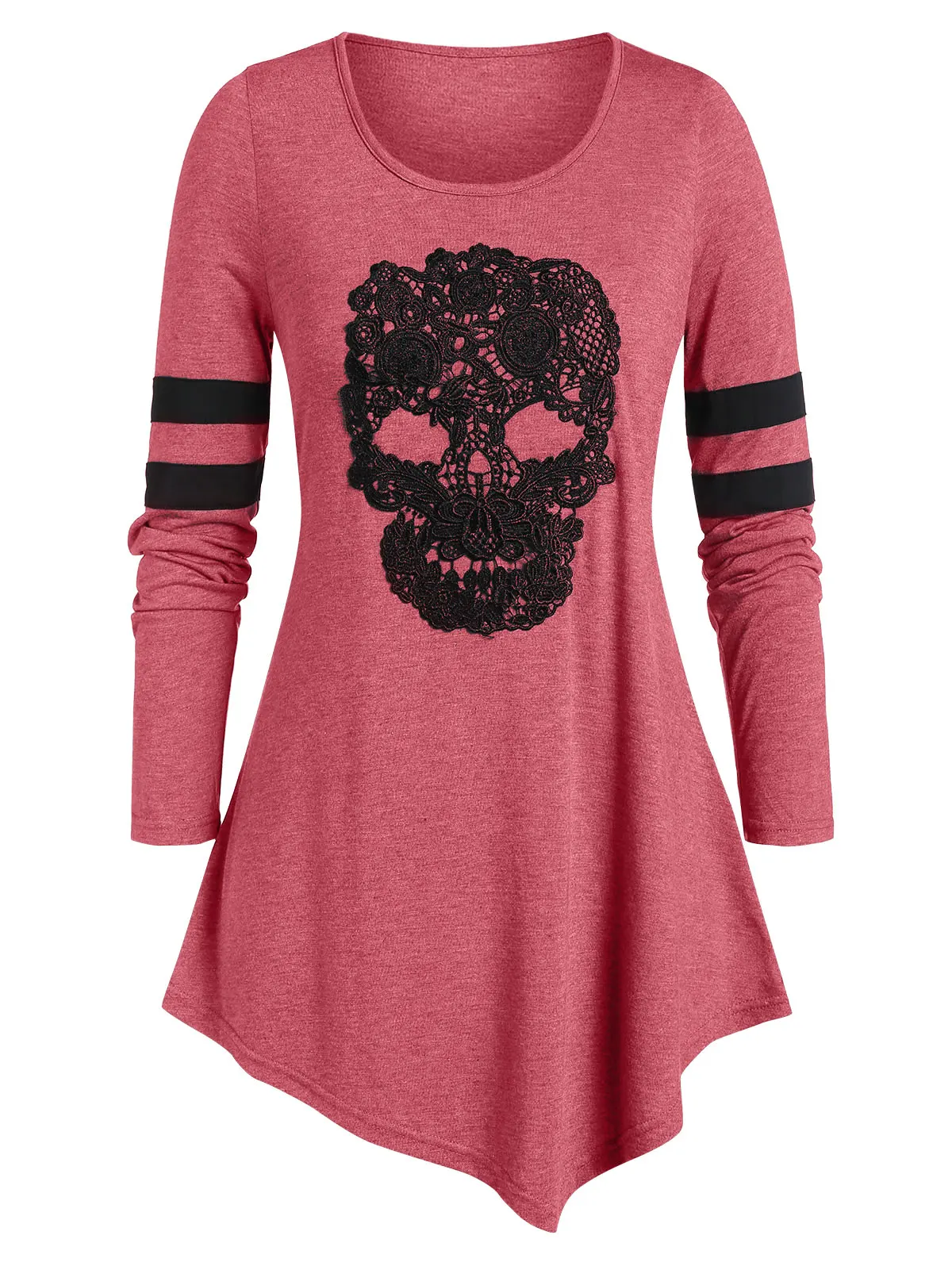 ROSEGAL, ассиметричная футболка размера плюс с длинным рукавом и принтом черепа, женские готические топы, Пуловеры с круглым вырезом, повседневные футболки, осень - Цвет: Cherry Red
