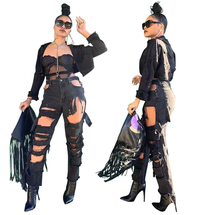 

HSF2237 ladies jeans fashion personality ripped holes wild non-elastic slim straight trousers jeans