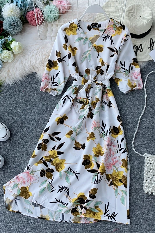 Autumn Women Long Floral Dresses Fashion Korean Women Flower Dress Lady A-line Party Dress