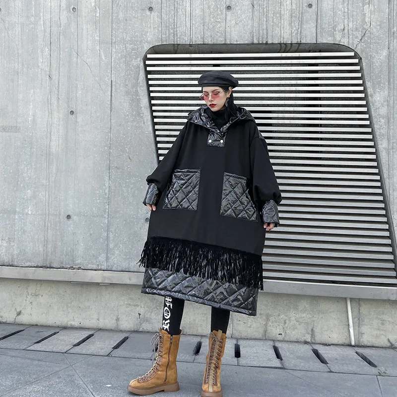 QING MO Black Women Hooded Dress Women Winter Thick Warm Parkas Personality Female Patchwork Sweatshirt With Tassel ZQY2640