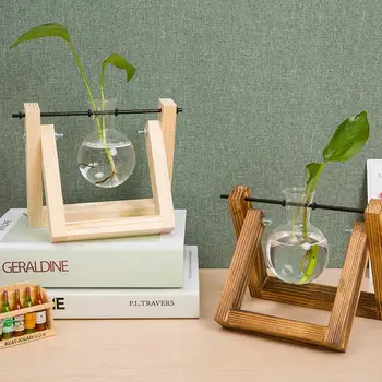 

Terrarium Hydroponic Plant Vases Vintage Flower Pot Transparent Vase Wooden Frame Glass Tabletop Plants Home Table Bonsai Decor