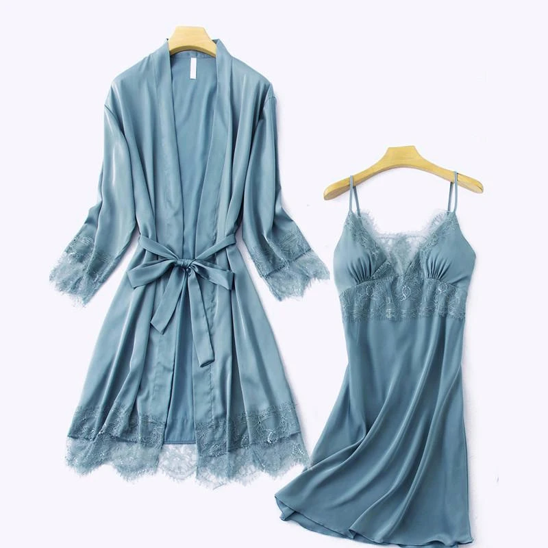 Nighty Robe Set Womens 2PCS Nightshirts Sleep Suit V-Neck Pajamas