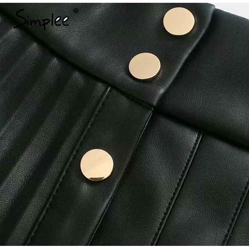 Simplee Fashion artificial leather womens Mini Skirt Striped button A-line short skirt High Street Black Leather Skirt autumn