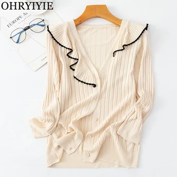 

OHRYIYIE Spring Summer Thin Cardigan Womens Sweater Ruffles Knitted Cardigans Ladies Chic V-Neck Single Breasted Knitwear Tops