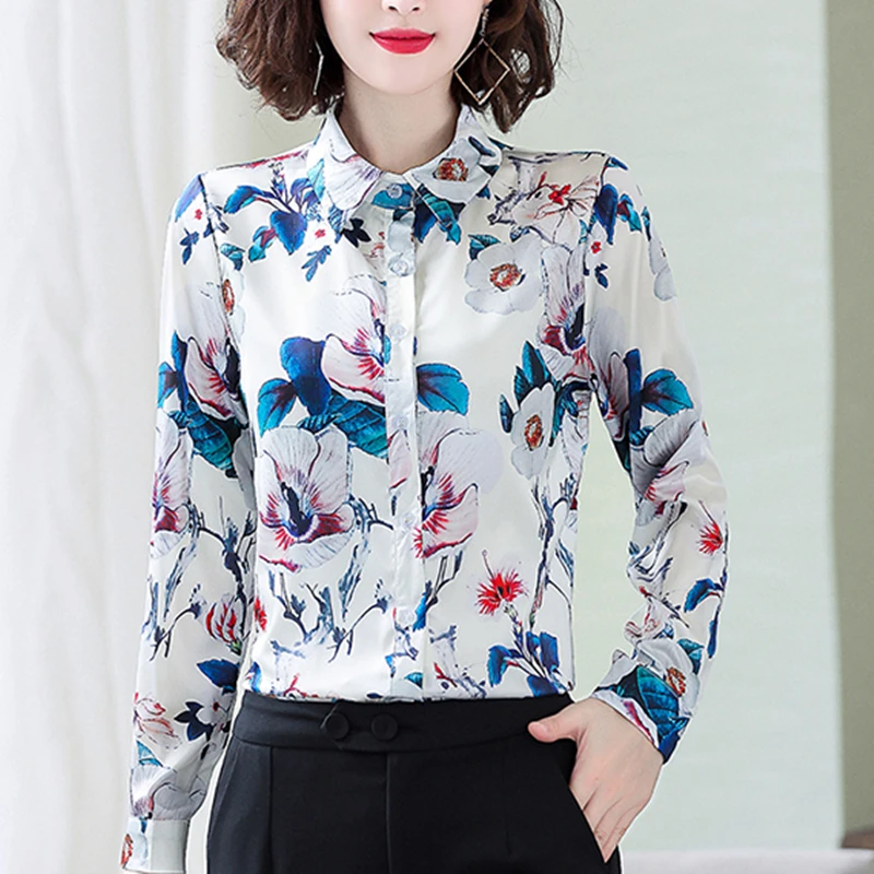 

Korean Women Silk Shirt Women Blouses Elegant Woman Print Blouse Plus Size Tops Woman Satin Floral Blouse Blusas Full Floral