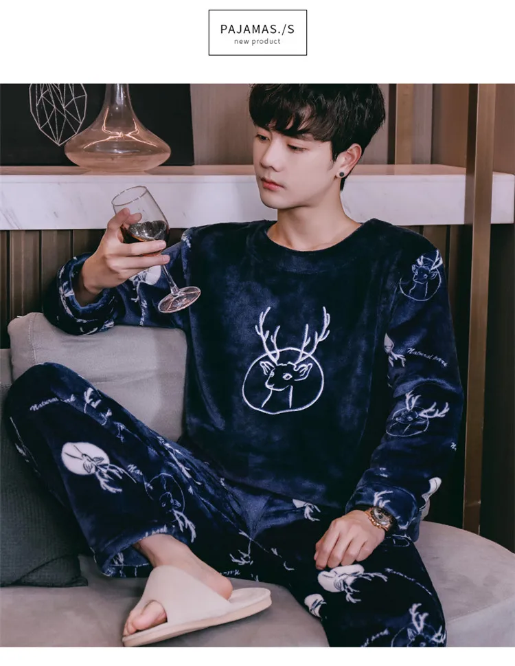 Thicken Flannel Men's Pajamas Two Piece Fashion Print Feather Home Clothes Loose Soft Homewear Pajamas Warm Winter 2Pieces/Set satin pajamas